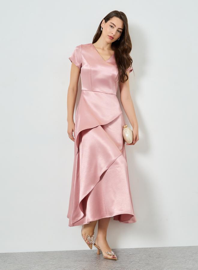 Styli Women Pink Satin Layered Maxi Dress - Image 5